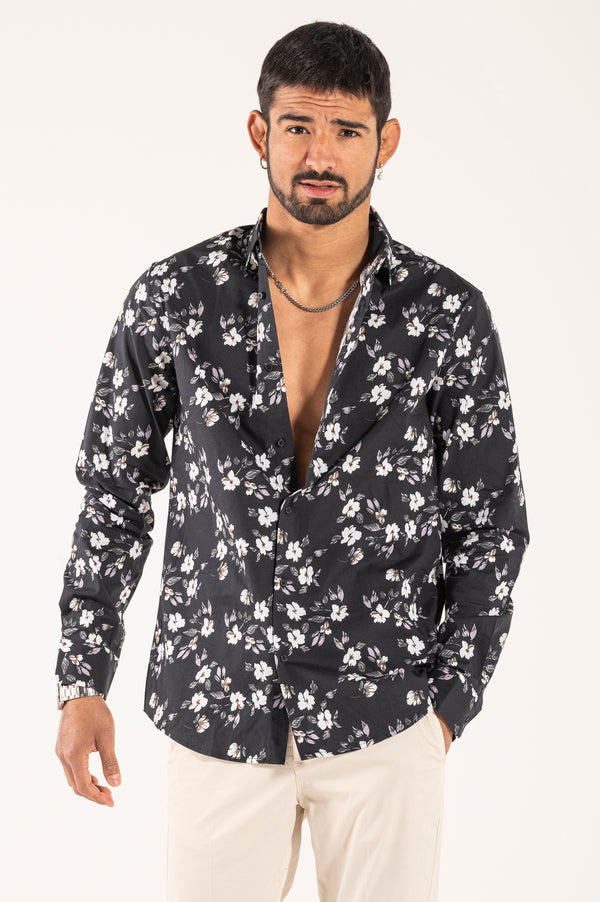 CAMICIA NERA FIORI BIANCHI